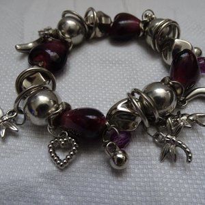 Vintage Purple Silver Heart Charm Bracelet Cupid Dragon Fly Heart Crescent Moon